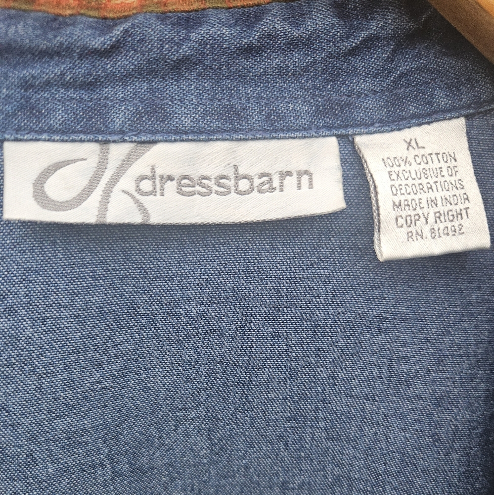 DRESS BARN | Scarecrow Pumpkins Fall Harvest Denim Button Up Shirt Sz XL - Picture 14 of 14